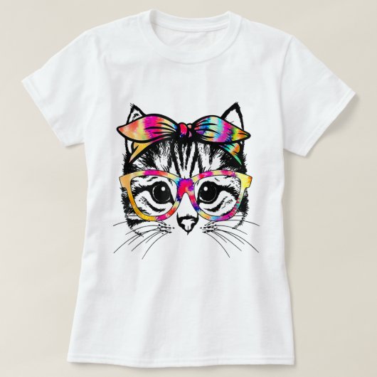Tie-Dye Cat Face with Glasses Design T-Shirt (Design vorne)
