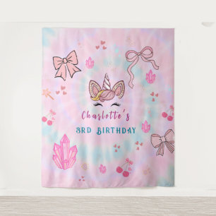 Tie-Dye-Einhorn-Coquette-Bogen-Geburtstags-Hinterg Wandteppich