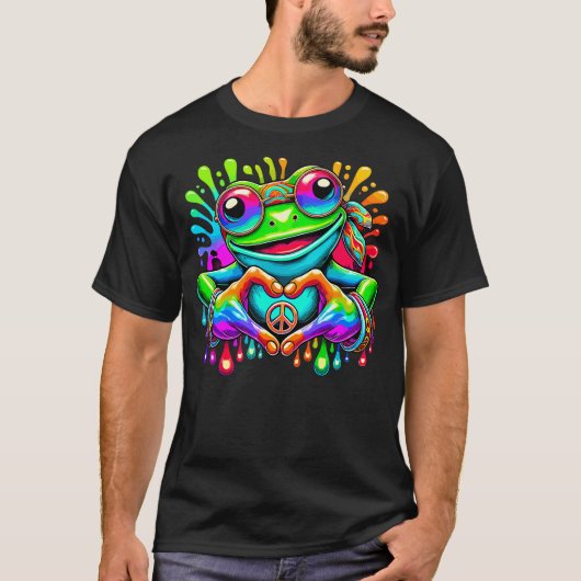 Tie-Dye Hippie Frog Peace Sign and Heart Sign T-Shirt (Vorderseite)