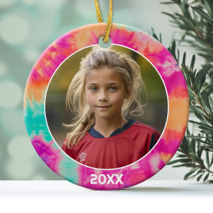 Tie-Dye-Rand mit Foto und Jahr - pink türkis Keramik Ornament