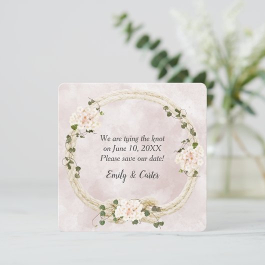 Tied Rope mit Hydrangea Bouquets Save The Date (Stehend Vorderseite)