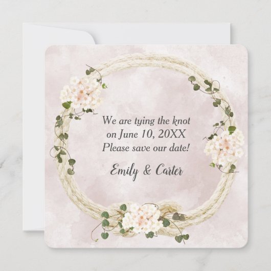 Tied Rope mit Hydrangea Bouquets Save The Date (Vorderseite)