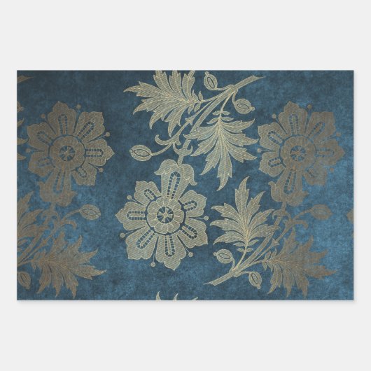 Tief blaue und leichte Gold-Blume Geschenkpapier Set (Vorderseite 3)