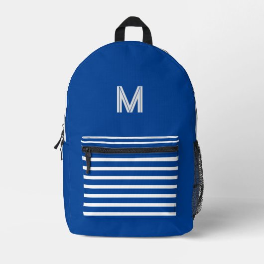 Tief blaue und weiße Streifen - mit Monogramm Bedruckter Rucksack (Vorderseite)