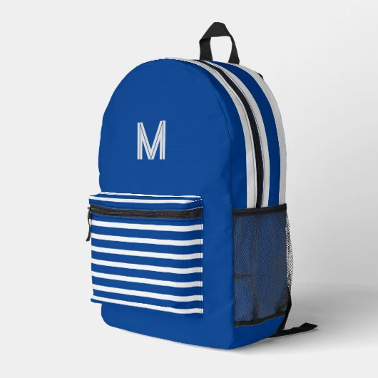 Tief blaue und weiße Streifen - mit Monogramm Bedruckter Rucksack (Rückseitige Ecke Rechts)