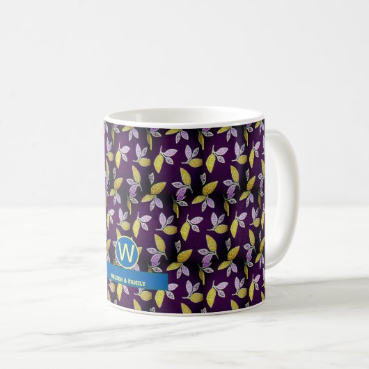 Tief blauer Hintergrund mit Design der Blätter Kaffeetasse (VorderseiteRechts)