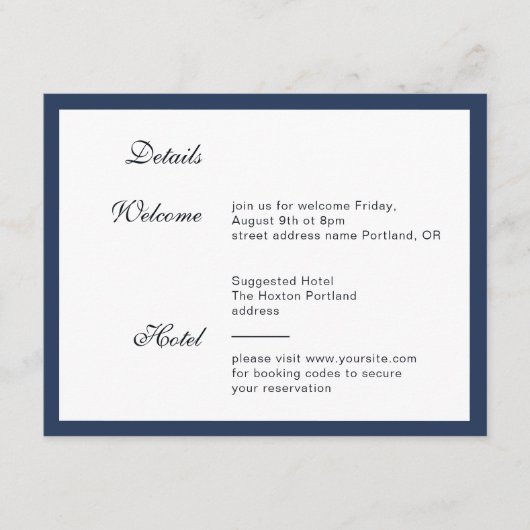 Tief blauer Rahmen. Moderne, elegante Hochzeitsdet Begleitkarte (Vorderseite)