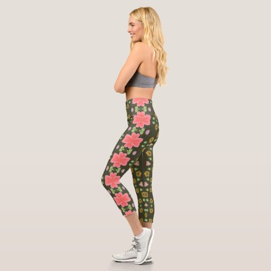 Tief grün mit rosa Rose Capri Leggings (Links)