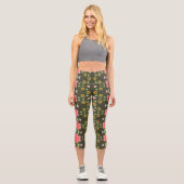 Tief grün mit rosa Rose Capri Leggings (Vorderseite)