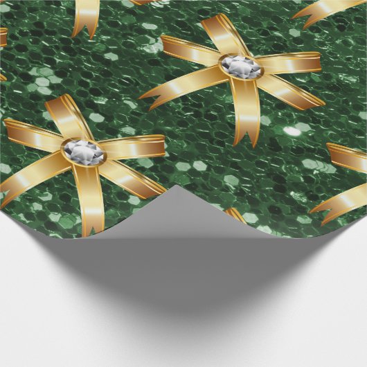 Tief grüne Imitate Glitzer Gold Diamond Bows Geschenkpapier (Ecke)