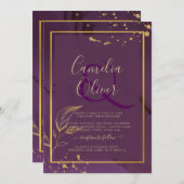 TIEF LILA GOLD-BLÄTTER Einladung Hochzeit (Vorne/Hinten)