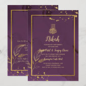 TIEF LILA GOLD-BLÄTTER Einladung Hochzeit (Vorne/Hinten)