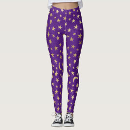 Tief Lila mit Gold Foil Stars und Monden Leggings