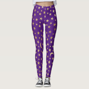 Tief Lila mit Gold Foil Stars und Monden Leggings