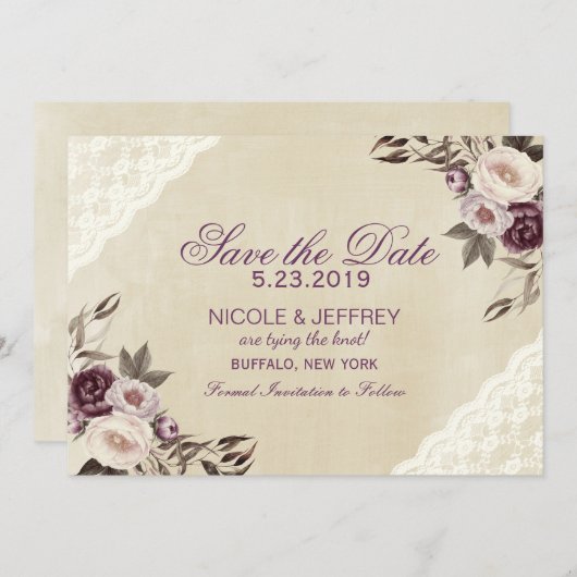 Tief Lila Peonies BlumenWedding retten das Datum Save The Date (Vorne/Hinten)