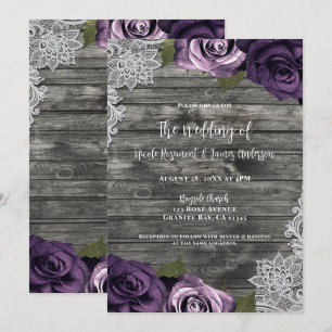 Tief Lila Rose Graue, rustikale, weiße Hochzeit Einladung