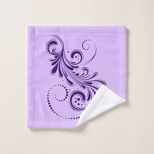 Tief lila weißer Swirl und Lavendeluntergrund Badhandtuch Set (Waschlappen)