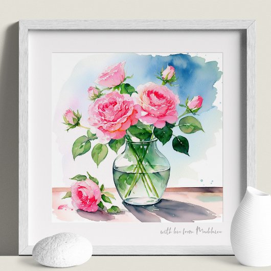 Tief rosa Rosen in Glasvase Aquarell drucken Poster