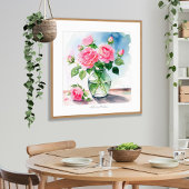 Tief rosa Rosen in Glasvase Aquarell drucken Poster
