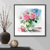 Tief rosa Rosen in Glasvase Aquarell drucken Poster