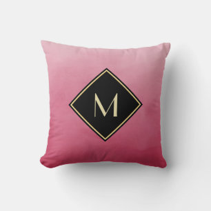 Tief rosa Wasserfarbe mit Schwarz-Gold-Monogramm Kissen