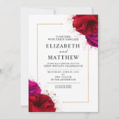 Tief Rot und Rosa Rose mit Verzierter Goldgrenze Einladung (Vorderseite)