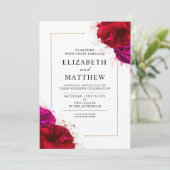 Tief Rot und Rosa Rose mit Verzierter Goldgrenze Einladung (Stehend Vorderseite)