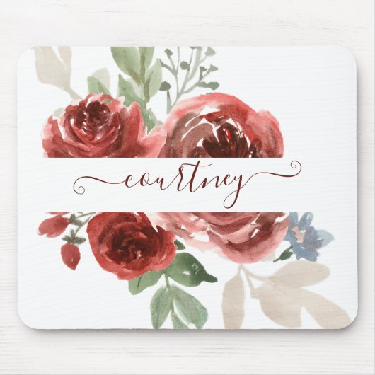 Tief rote Aquarellblumen personalisiert Mousepad (Vorne)