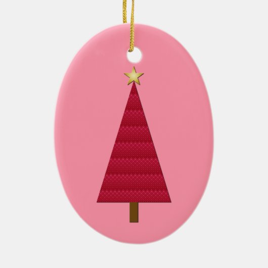 Tief roter Damast, moderner Weihnachtsbaum Keramik Ornament (Hinten)