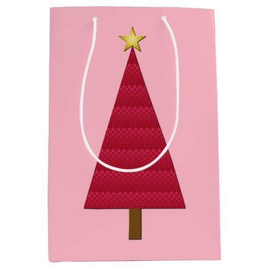Tief roter Damast, moderner Weihnachtsbaum Mittlere Geschenktüte (Vorderseite)
