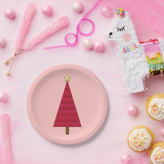 Tief roter Damast, moderner Weihnachtsbaum Pappteller (Party)