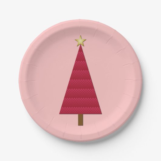 Tief roter Damast, moderner Weihnachtsbaum Pappteller (Vorderseite)