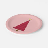 Tief roter Damast, moderner Weihnachtsbaum Pappteller (Schrägansicht)