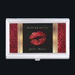 Tief roter Glitzer Lippen auf Gold und Schwarz Visitenkarten Dose<br><div class="desc">Berufliche Visitenkarten-Inhaber in einem Deep Red Glitzer Lips on Gold & Black Designprint mit DIY Text. ⭐ Dieses Produkt ist zu 100% benutzerdefinierbar. Grafiken und Text können gelöscht, verschoben, verändert, verändert, gedreht usw. werden.. ⭐ 99% meiner Designs in meinem Geschäft sind in Schichten gemacht. Damit können Sie die Größe und...</div>