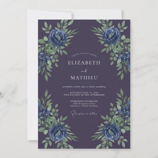 Tief violette blaue botanische Hochzeit Einladung (Vorderseite)