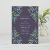 Tief violette blaue botanische Hochzeit Einladung (Stehend Vorderseite)