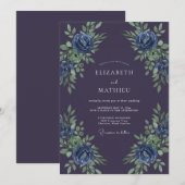 Tief violette blaue botanische Hochzeit Einladung (Vorne/Hinten)