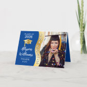 Tiefblau | Gold Graduate Wave Grad Cap Foto Dankeskarte (Vorderseite)