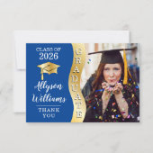 Tiefblau | Gold Graduate Wave Grad Cap Foto Dankeskarte (Vorderseite)