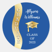Tiefblau | Gold Graduate Wave Grad Cap Runder Aufkleber (Vorderseite)
