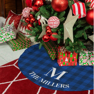 Tiefblau und Navy Büffelkariert Familienmonogramm Polyester Weihnachtsbaumdecke