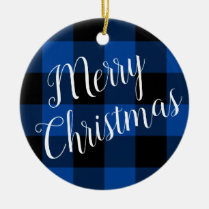 Tiefblau und Schwarz Büffel Karo Frohe Weihnachten Keramik Ornament