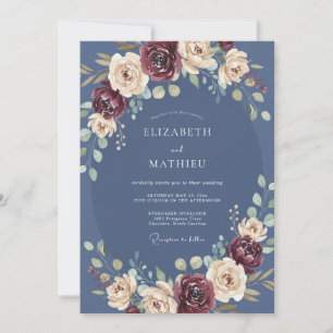 Tiefblaue Blumen Hochzeit im Herbst Einladung