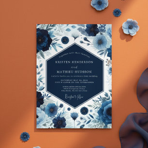 Tiefblaue botanische Blütenhochzeit Einladung