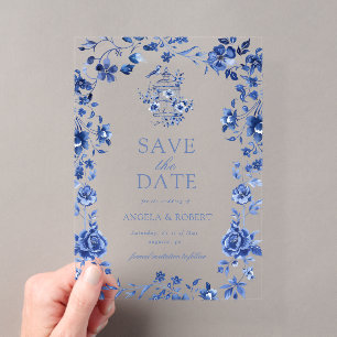 Tiefblaue Chinoiserie Vintage Blumenhochzeit Acryleinladungen