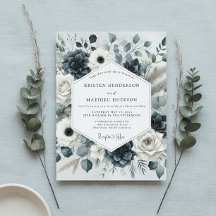 Tiefblaue florale Hochzeitsromantik Einladung