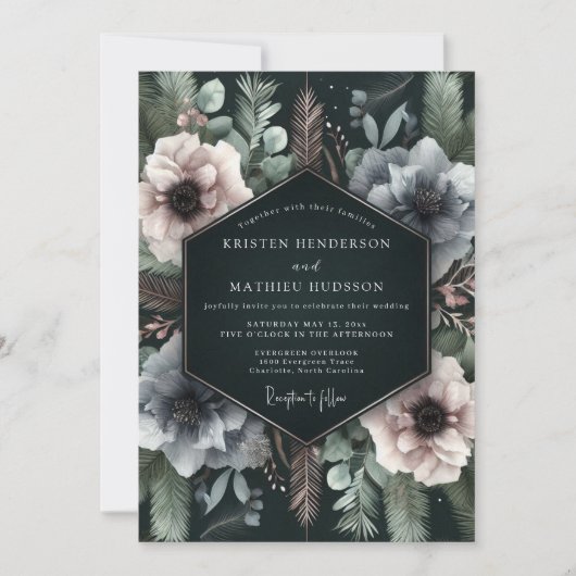 Tiefblaue florale, melancholische Hochzeit Einladung (Vorderseite)