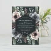 Tiefblaue florale, melancholische Hochzeit Einladung (Stehend Vorderseite)