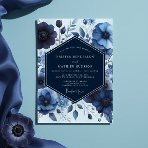 Tiefblaue florale stimmungsvolle Hochzeit Einladung