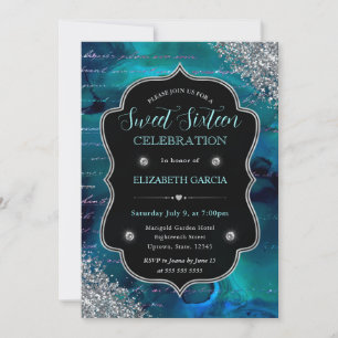Tiefblaue Glitter-Meerjungfrau-Buchstaben Sweet 16 Einladung